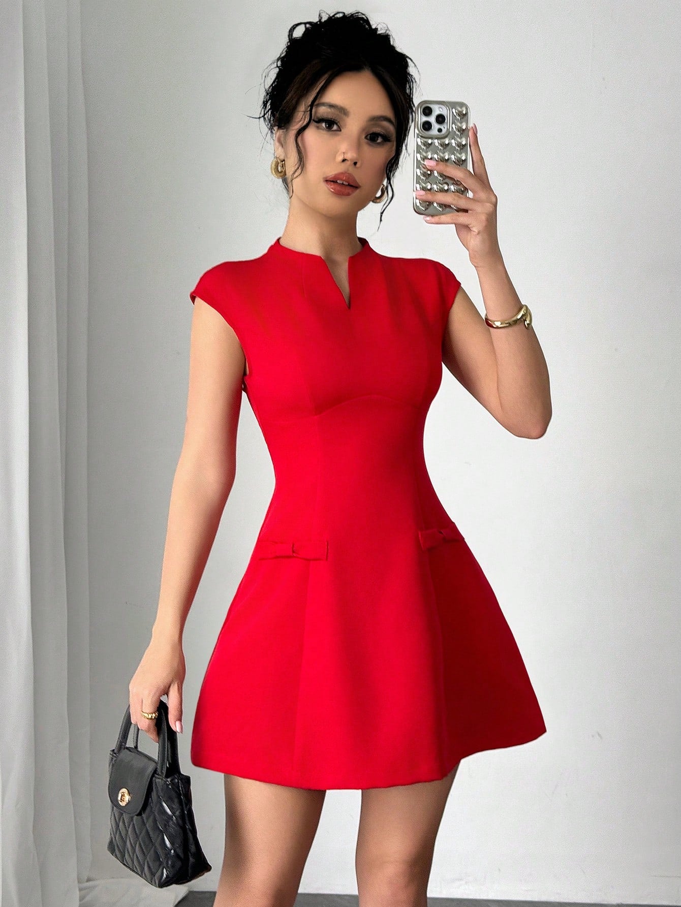 Women’s Woven Fabric A-Line Dress, Cap Sleeve Design, Bow Detail, 1 Piece, For Daily Wear