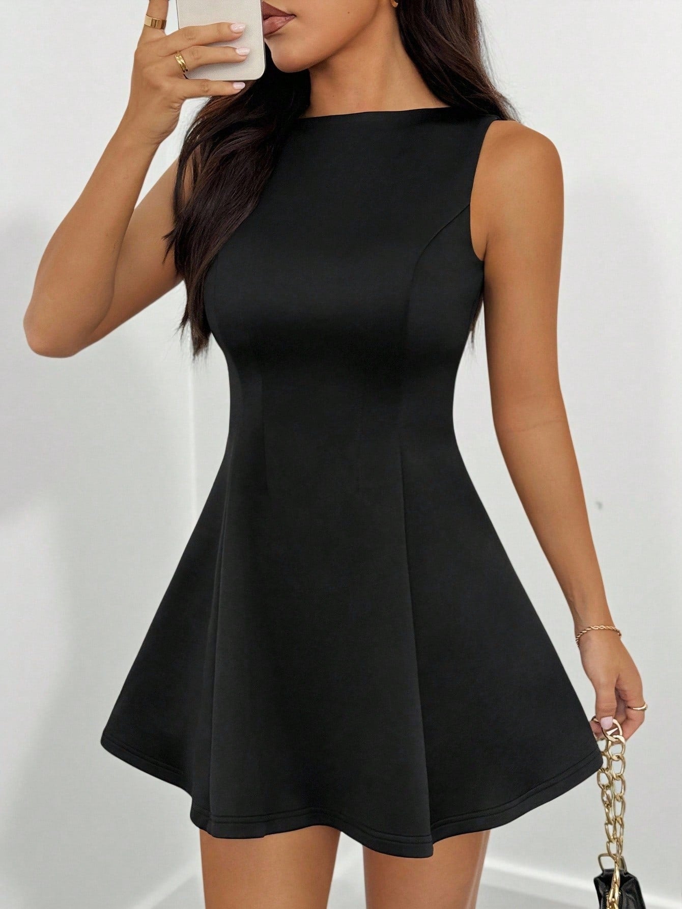 Women’s Woven Fabric Sleeveless A-Line Dress, Adjustable Waist Detail, Solid Pattern, 1 Piece, For Work and Daily Wear
