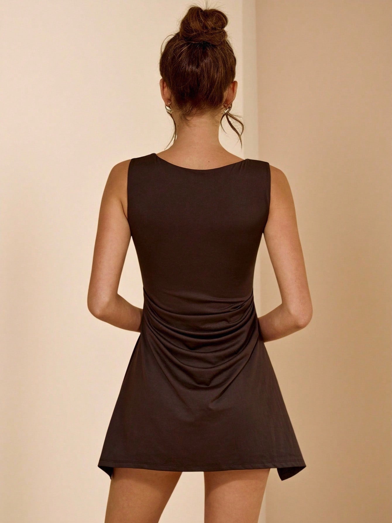 Women’s Woven Fabric Sleeveless Mini Dress, Ruched Detail, Solid Pattern, 1 Piece, For Everyday Wear