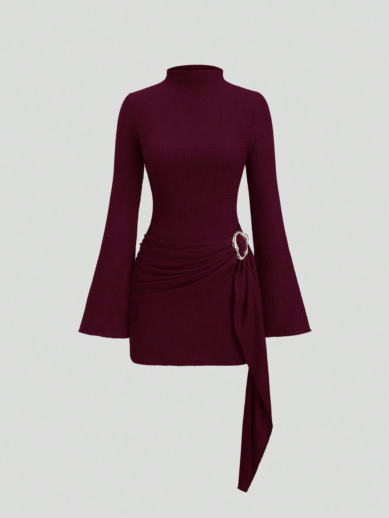 Solid Color Dress Neutral Color Single Piece Flare Sleeve Waist Detail Design For General Occasions