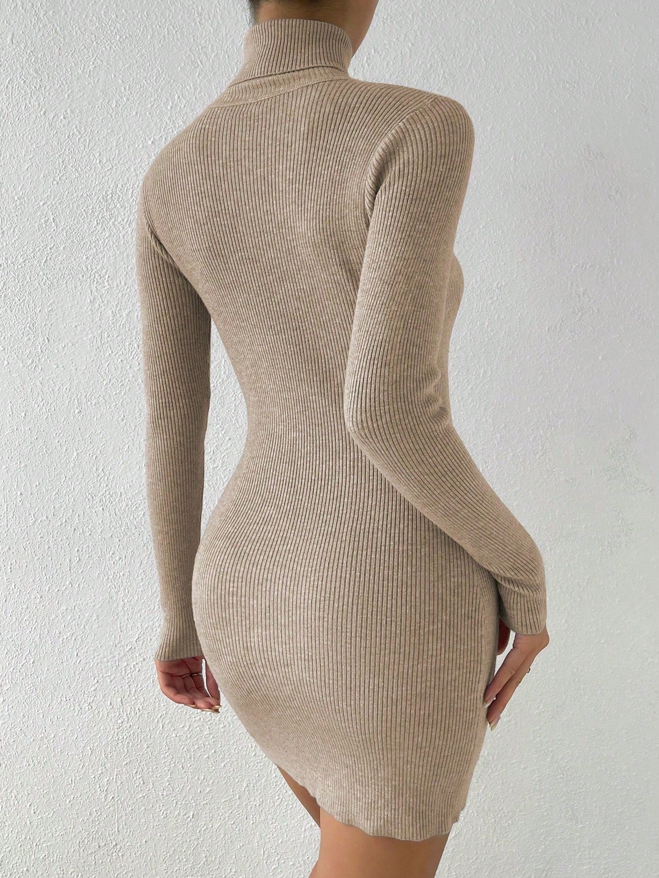 Women’s Ribbed Knit Sweater Dress, High Neck Long Sleeve Design, 1 Piece, For Autumn and Winter Wear