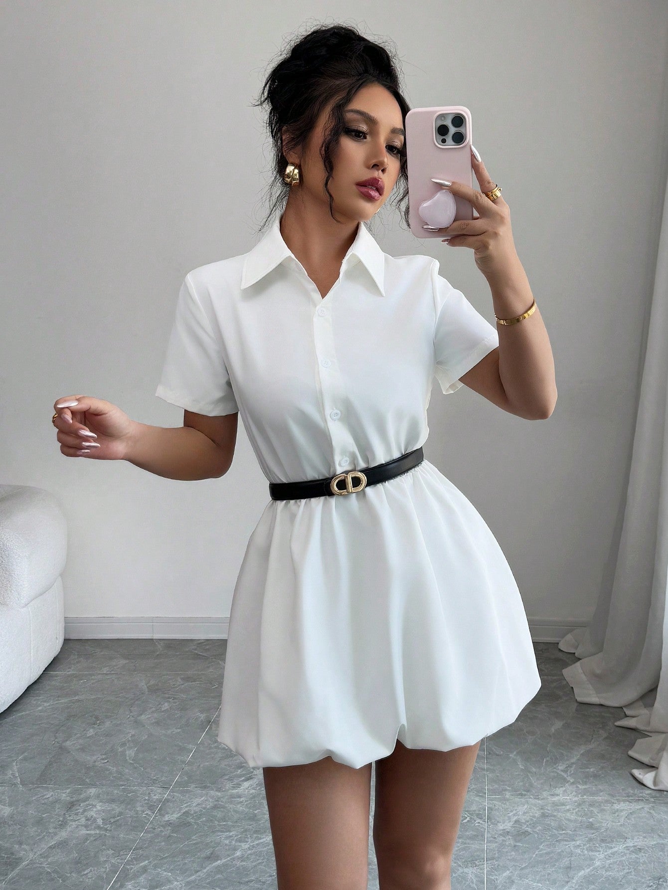 Women’s Woven Fabric Shirt-Style Mini Dress, Short Sleeve Design, Solid Pattern, 1 Piece, For Casual Wear