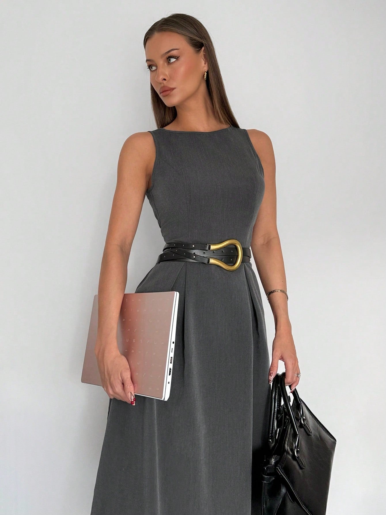 Women’s Woven Fabric Midi Dress, Sleeveless A-Line Design with Pocket Detail, 1 Piece, For Business Casual Wear