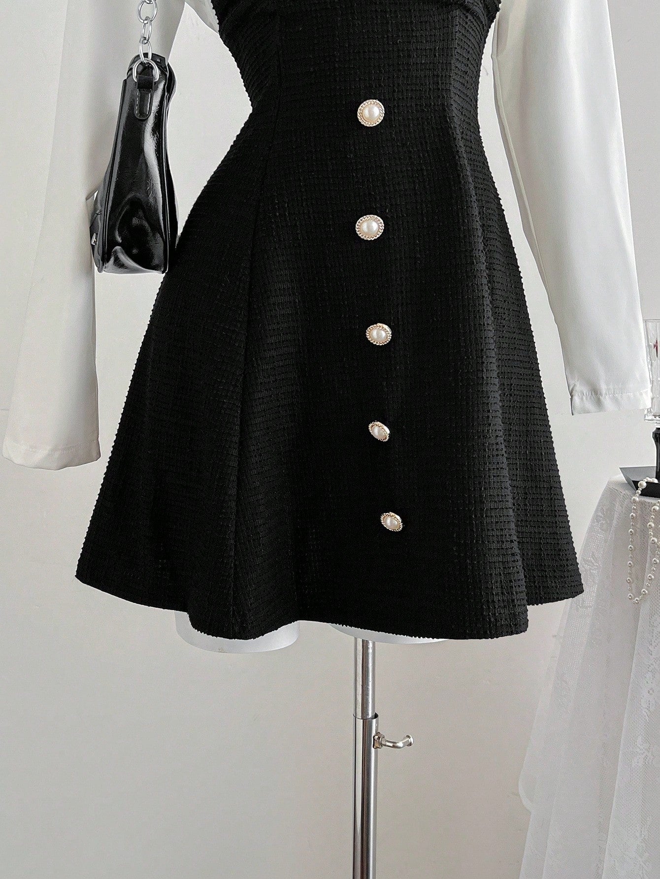 Women’s Textured Fabric Short Dress, Polo Collar Design, Faux Layered Detail, A-Line Silhouette, 1 Piece, For Everyday Styling