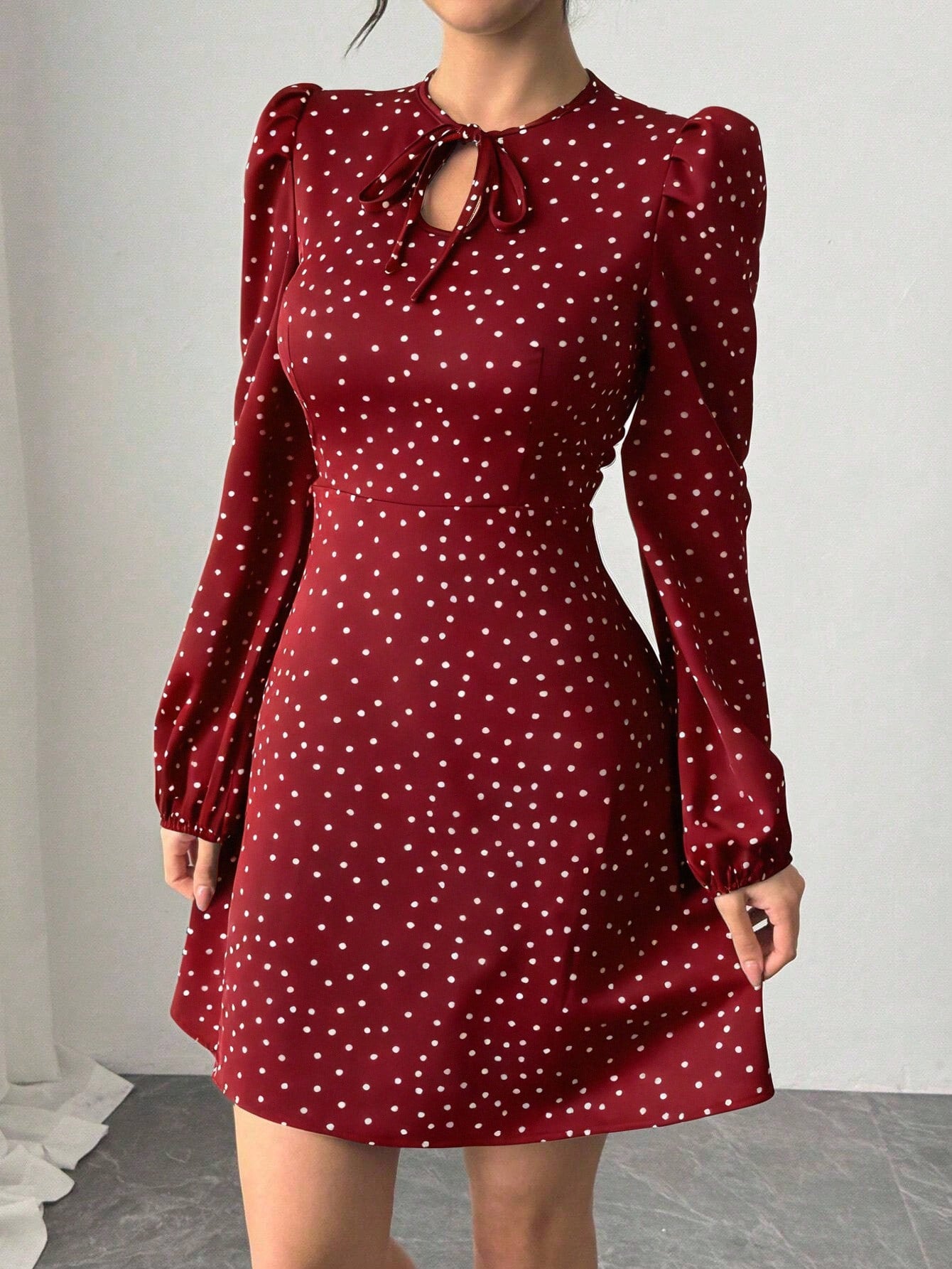 Women’s Woven Fabric Dress, Long Sleeve Design with Bow Detail, Polka Dot Pattern, 1 Piece, For Spring and Autumn Wear