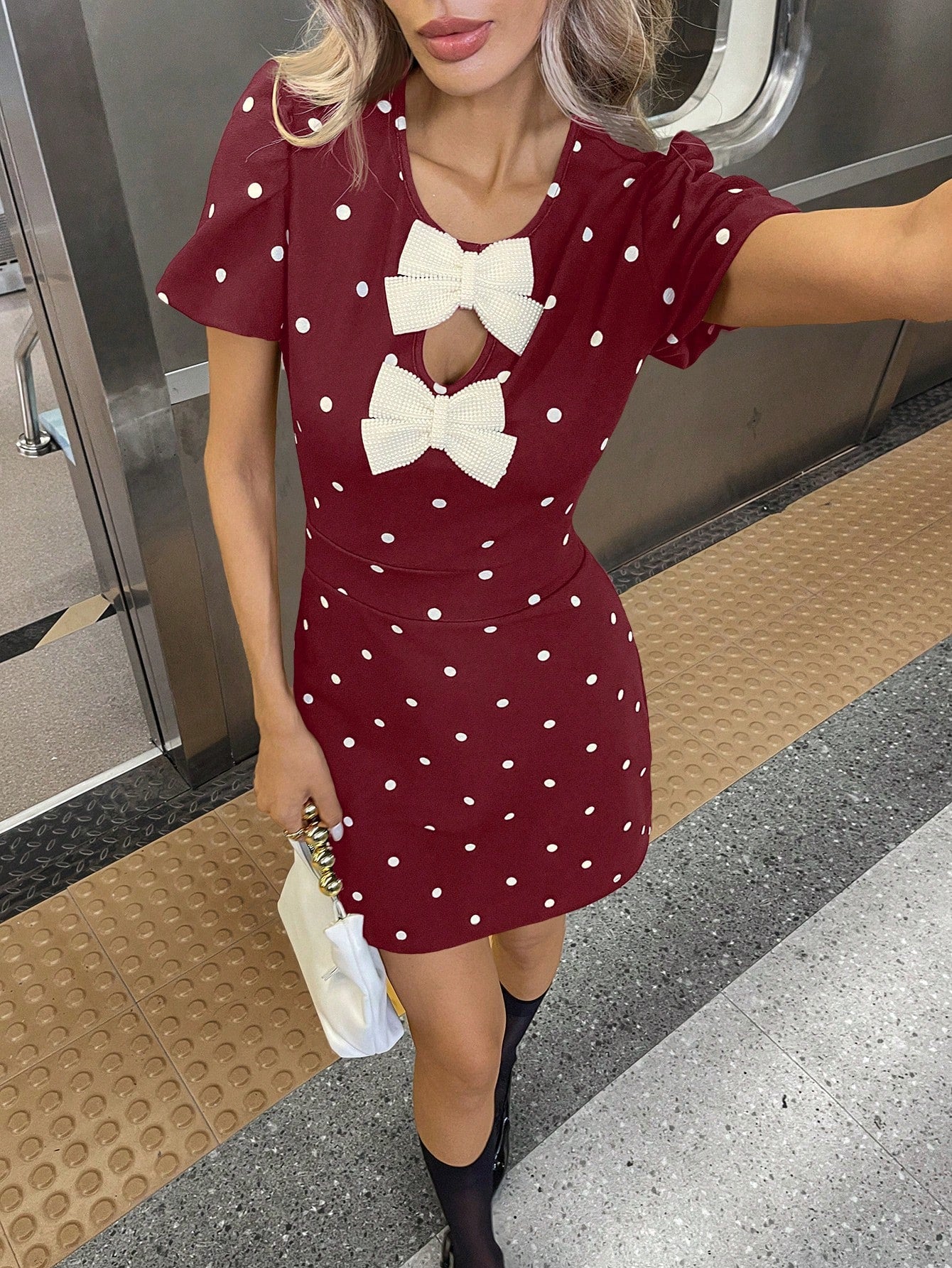Women’s Woven Fabric Mini Dress, Polka Dot Print with Bow Detail, Short Puff Sleeve Design, Ruffle Hem, 1 Piece, For Daily Wear