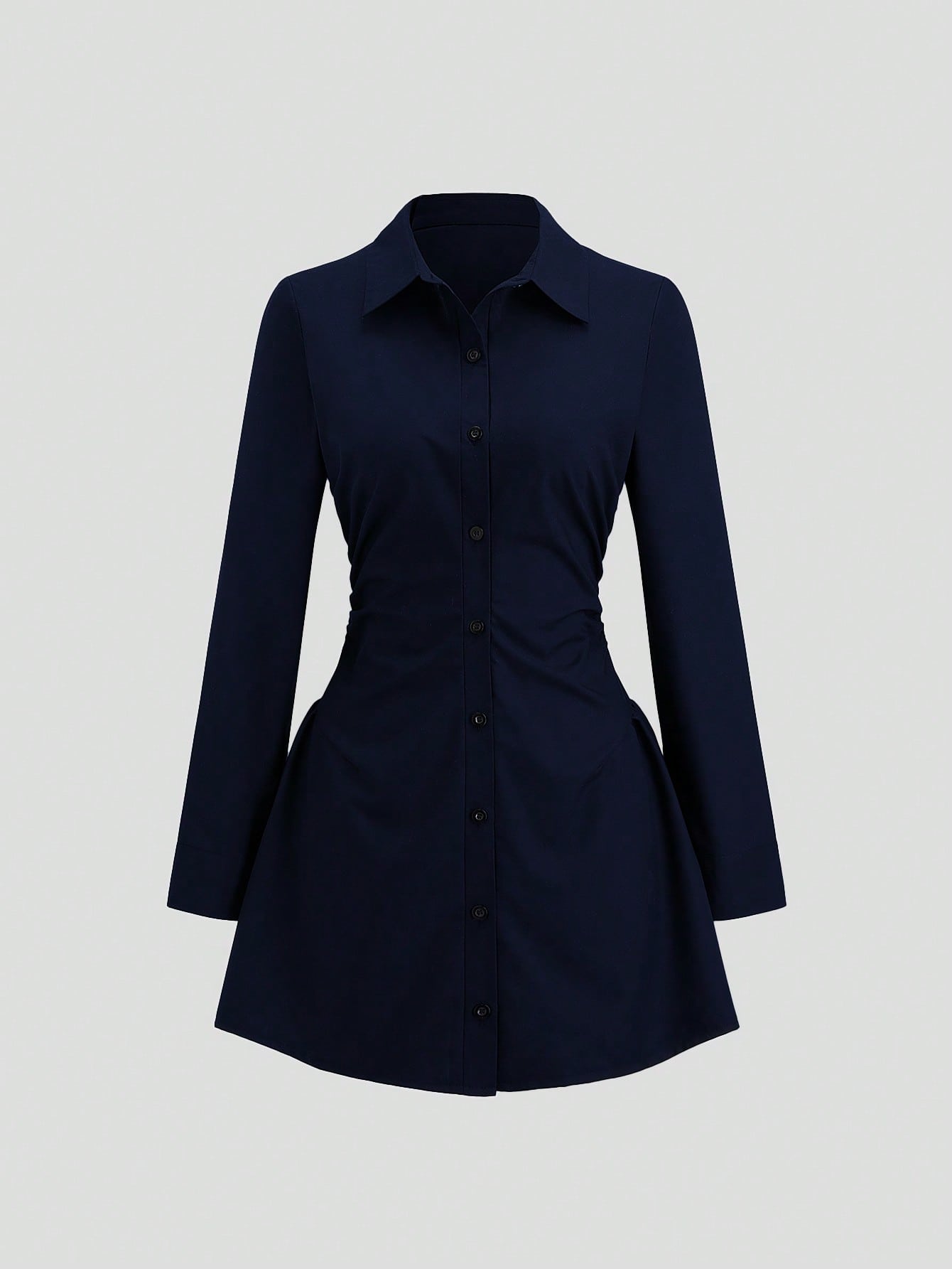 Women’s Woven Fabric Shirt Dress, Long Sleeve Design with Ruched Detail, Solid Pattern, 1 Piece, For Autumn Wear