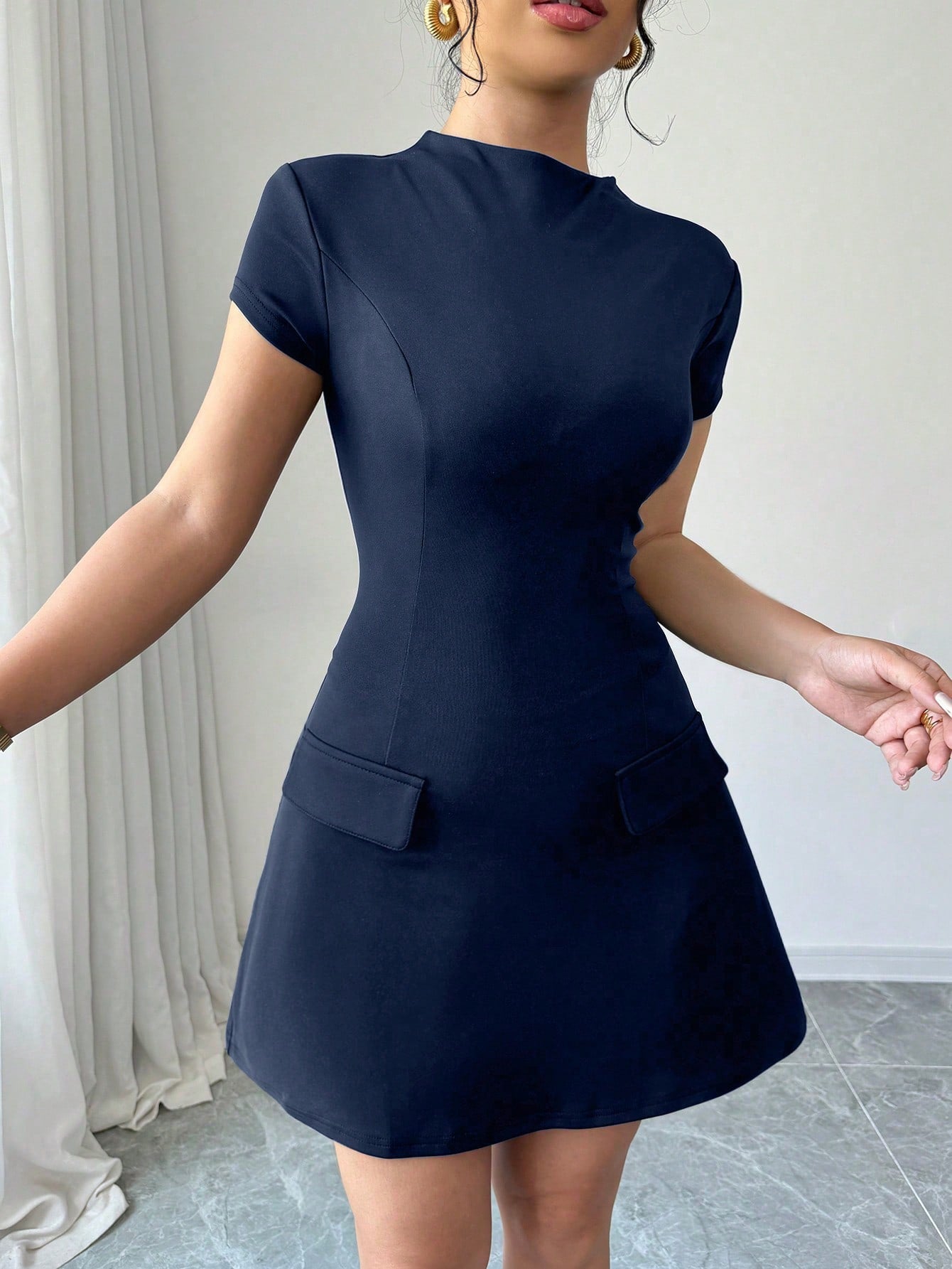 Black Stand Collar Dress with Cinched Waist Pocket Design Flap Detail and Back Zipper Short Length for Everyday Wear