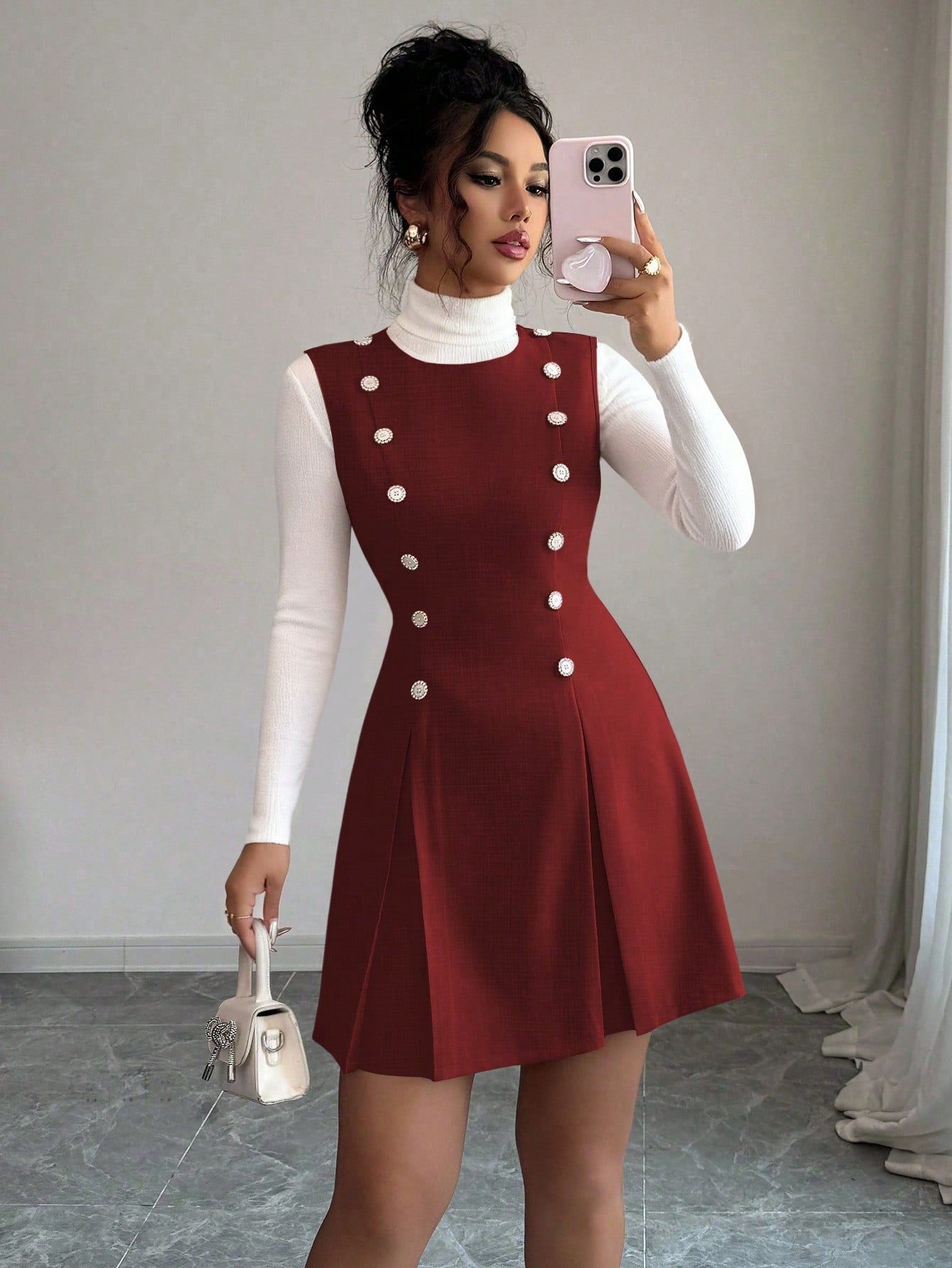 Women’s Woven Fabric Mini Skirt, Button Front Design, Tie Waist Detail, Decorative Buckle Accent, 1 Piece, For Daily Wear