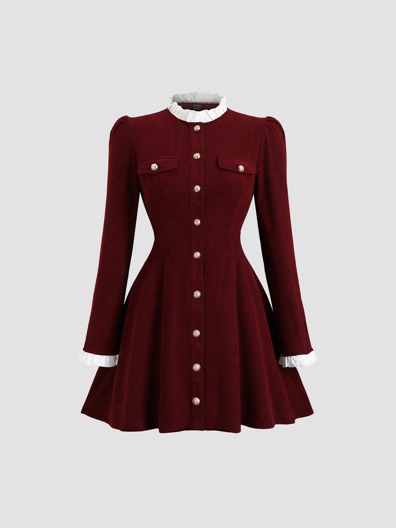 Women’s Woven Fabric Long Sleeve Dress, Stand Collar Button Front Design, Contrast Panel Detail, 1 Piece, For Daily Wear