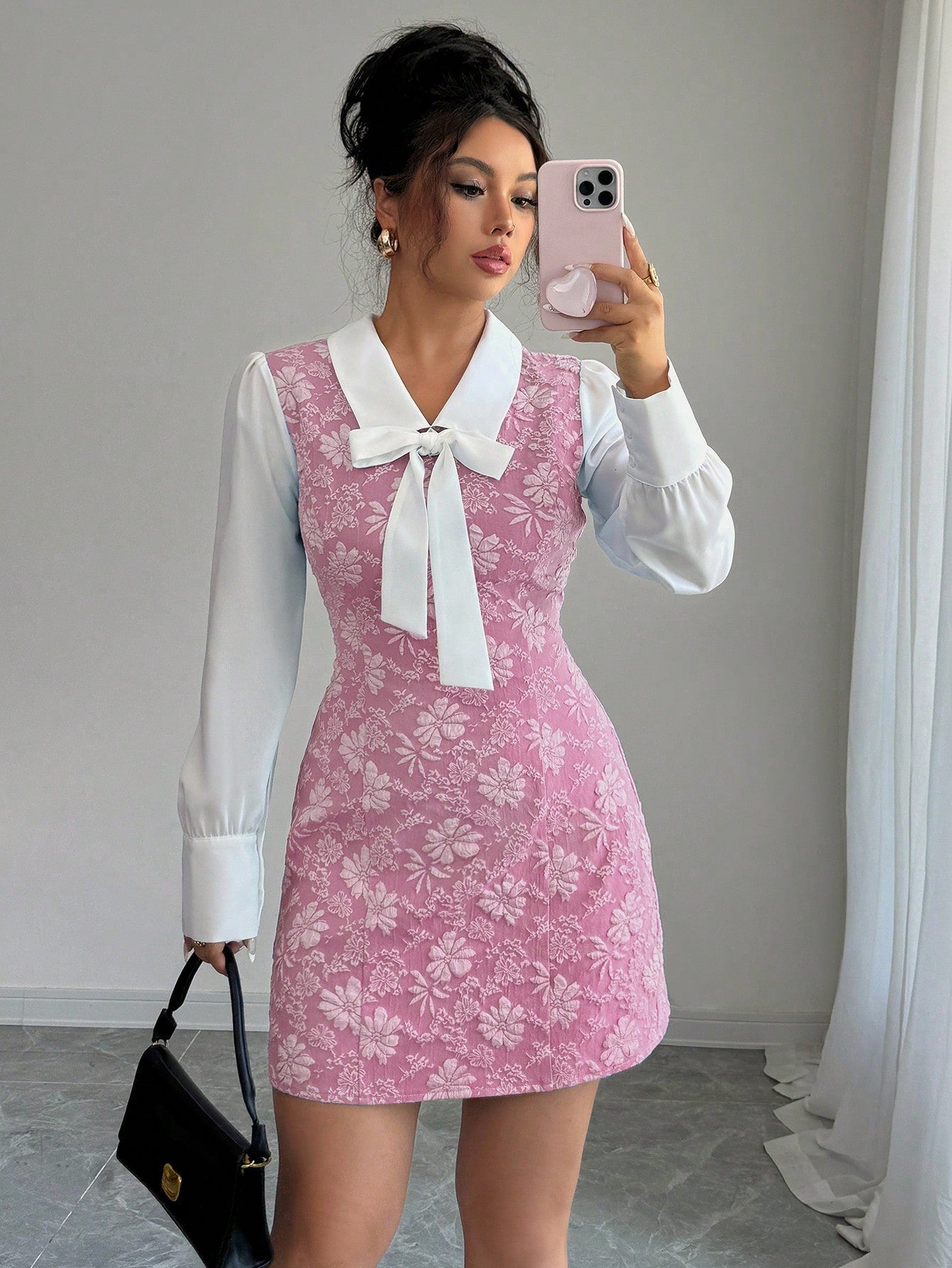 Women’s Woven Fabric Dress, Color Block Patchwork Design with Bow Detail, 2 In 1 Style, 1 Piece, For Daily Wear