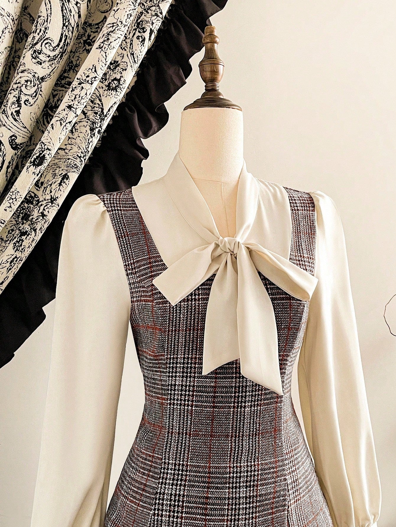 Women’s Woven Fabric Dress, Long Sleeve Collar Design, Plaid Pattern, 2 In 1 Style, 1 Piece, For Autumn and Winter Wear