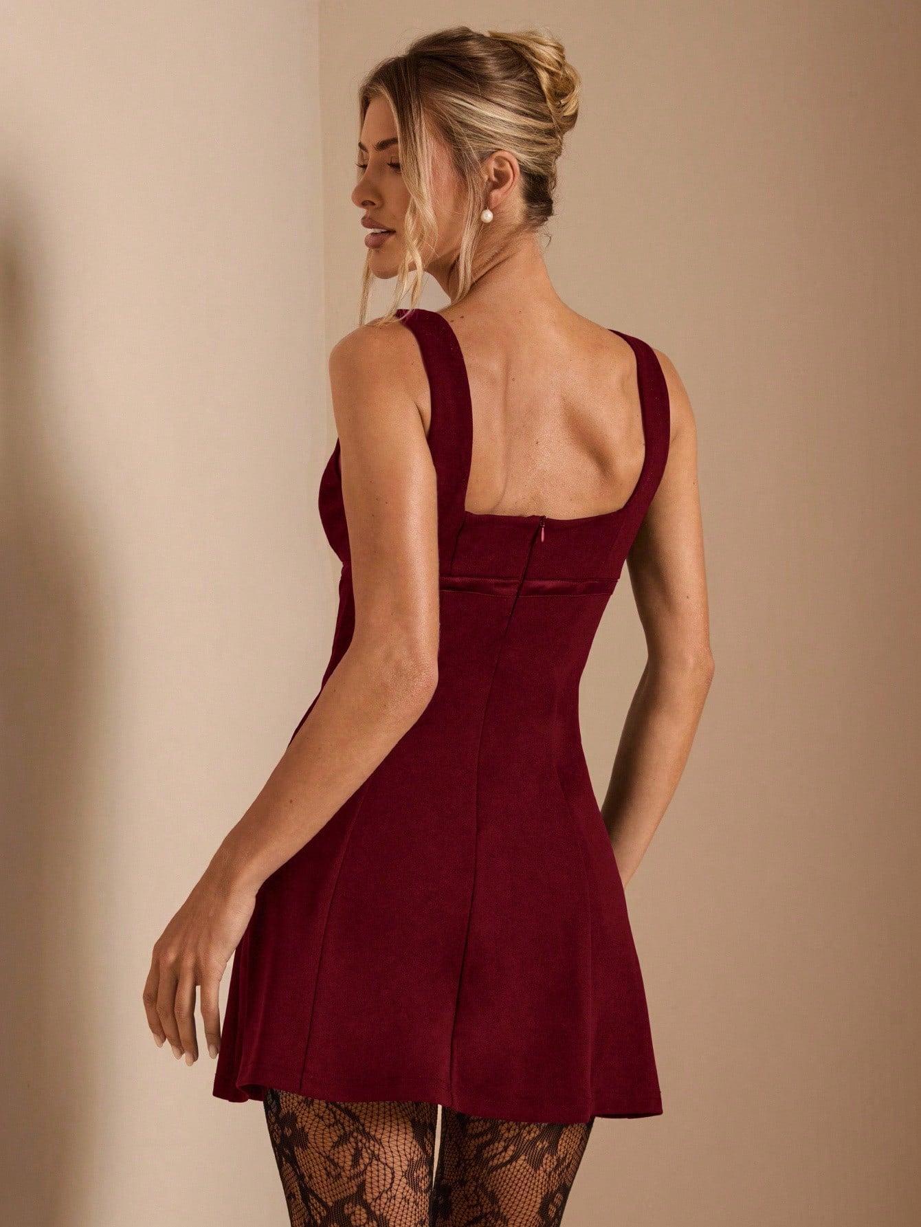 Women’s Woven Fabric Mini A-Line Dress, Square Neck Design with Bow Detail, 1 Piece, For Autumn and Winter Wear