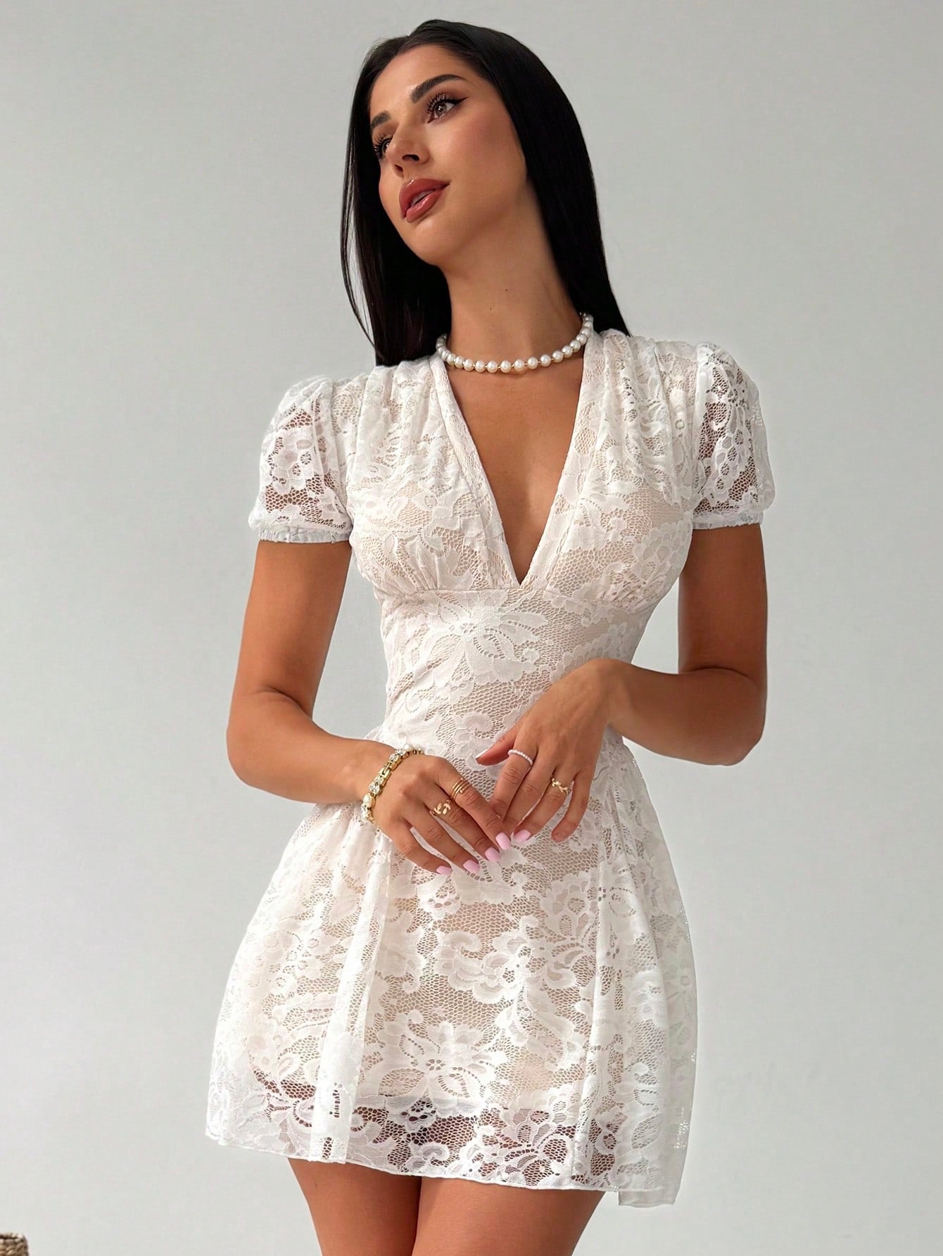 Women’s Woven Fabric Mini Dress, V-Neck Design with Puff Sleeve and Lace Detail, 1 Piece, For Spring and Summer Wear