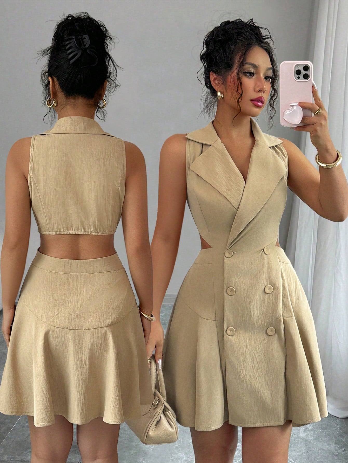 Women’s Woven Fabric Sleeveless Dress, Double Breasted Design, Solid Pattern, 1 Piece, For Commuting and Daily Wear