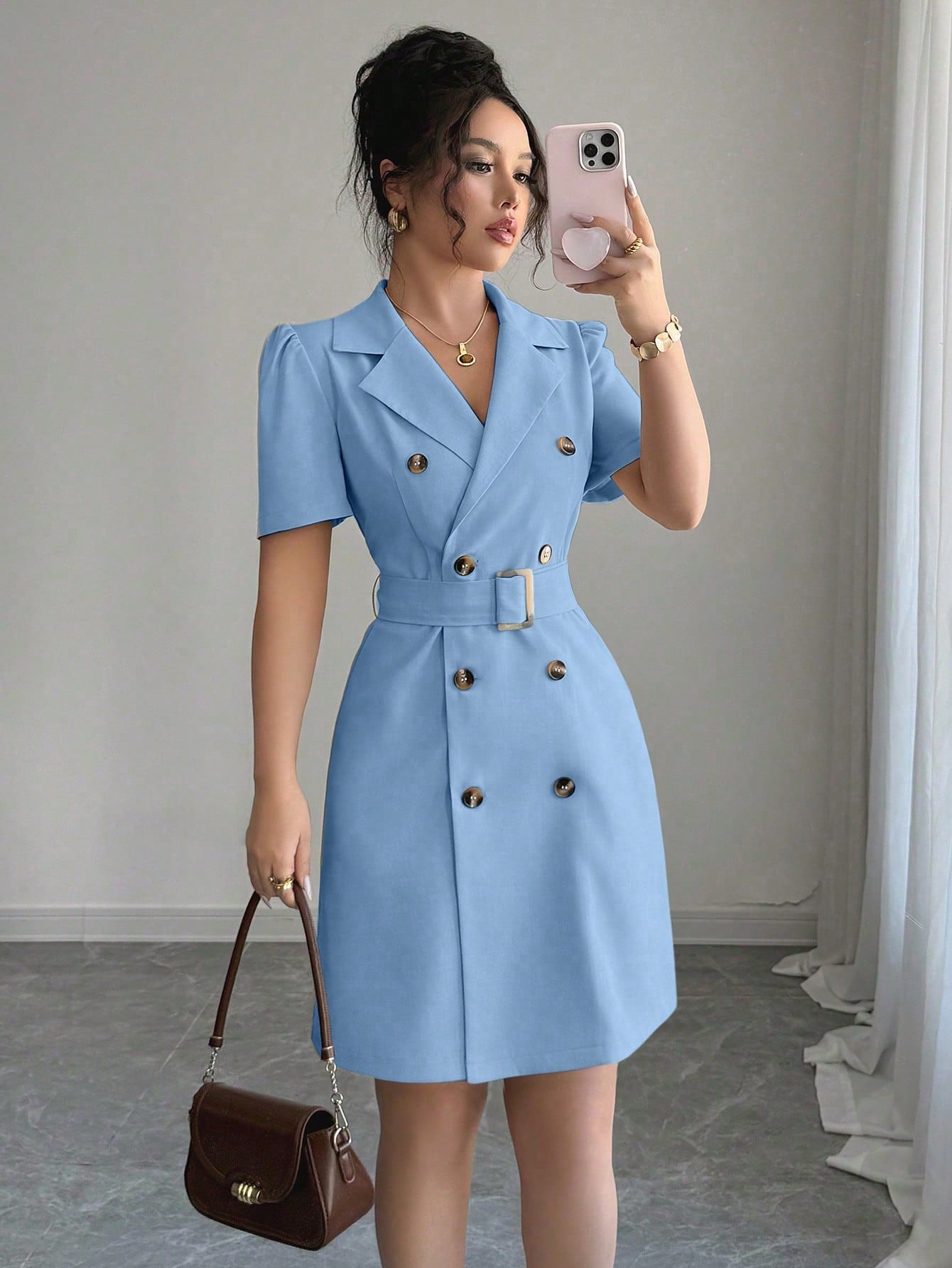 Mandarin Collar Dress with Cinched Waist Double Breasted Front and Puff Sleeves for Daily Wear