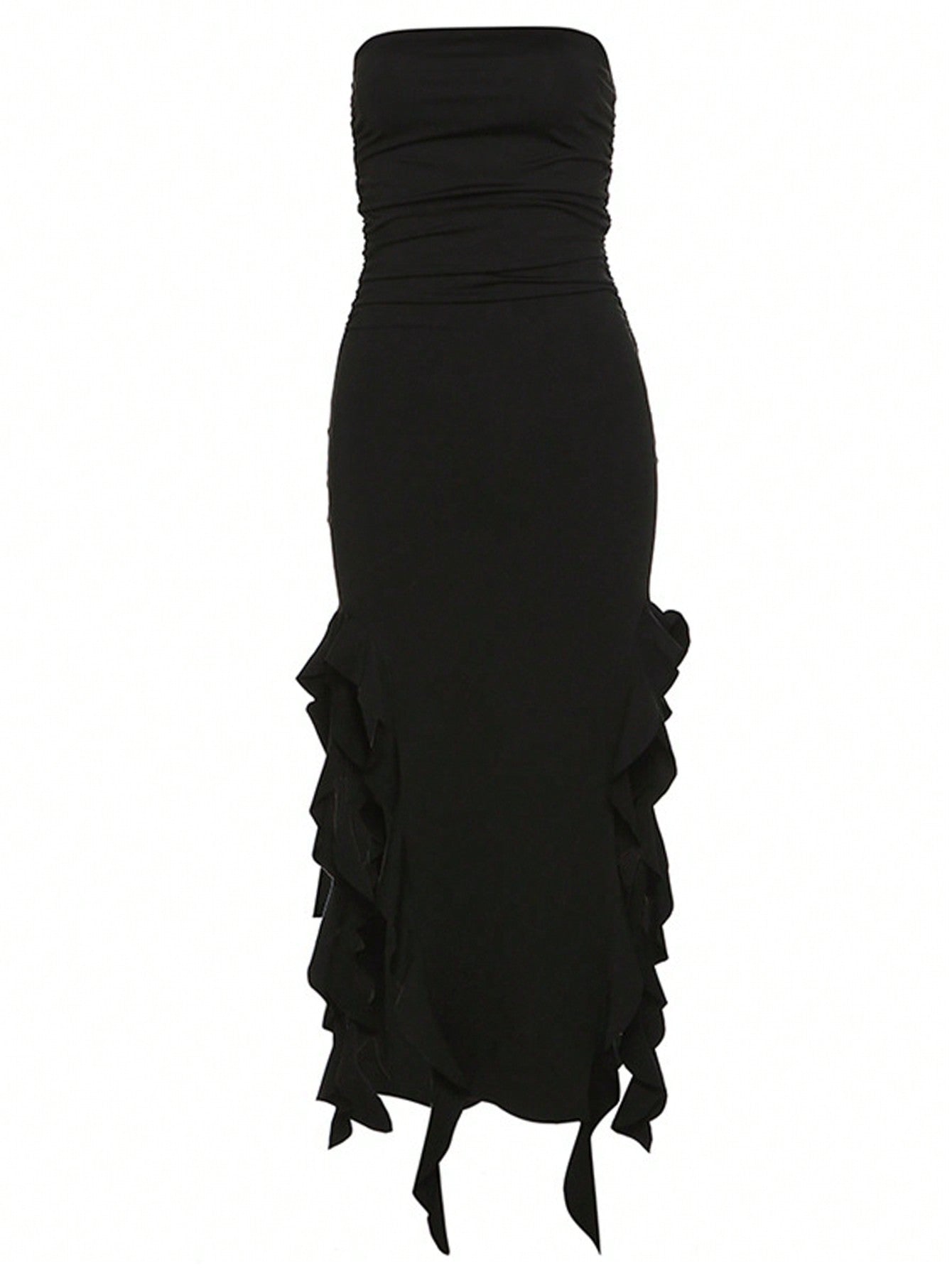 Women’s Solid Color Ruched Tube Dress with Ruffle Trim, Midi Length, Single Piece, For Daily Styling