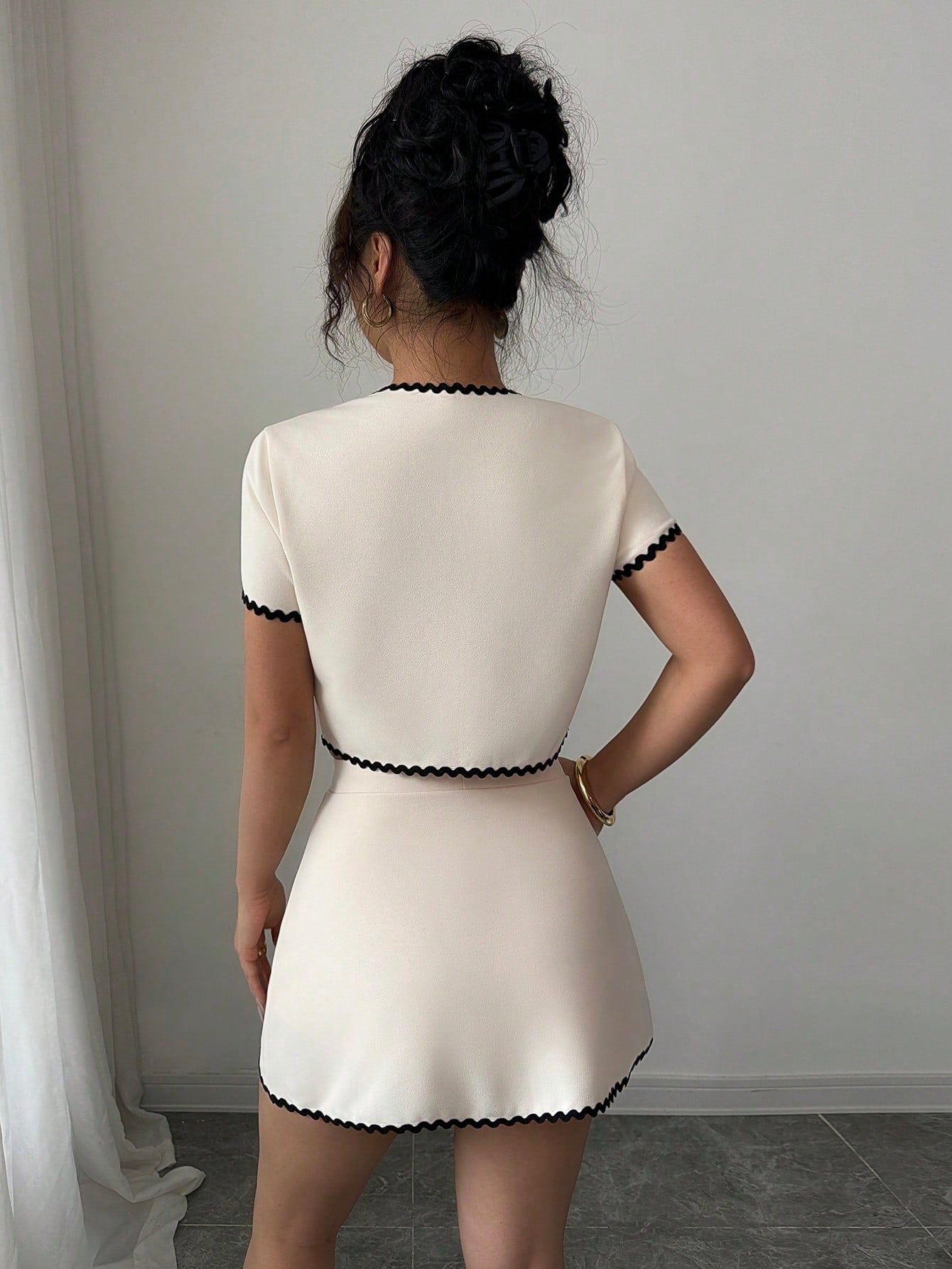 Women’s Two-Piece Set, Short Sleeve Button Top and Matching Skirt, Contrast Trim Detail, 2 Pieces, For Everyday Wear
