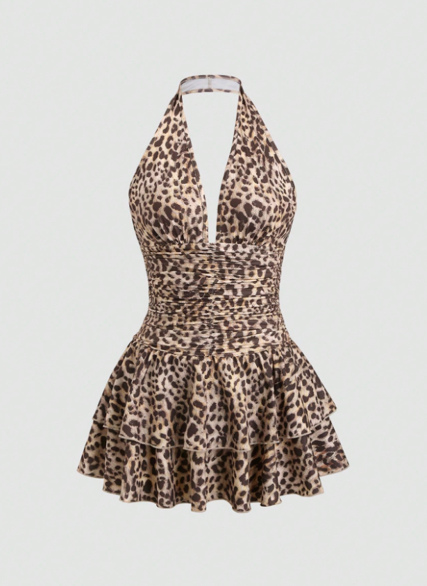 Leopard Pattern Mini Dress Neutral Color Single Piece V Neck Design For Daily Styling