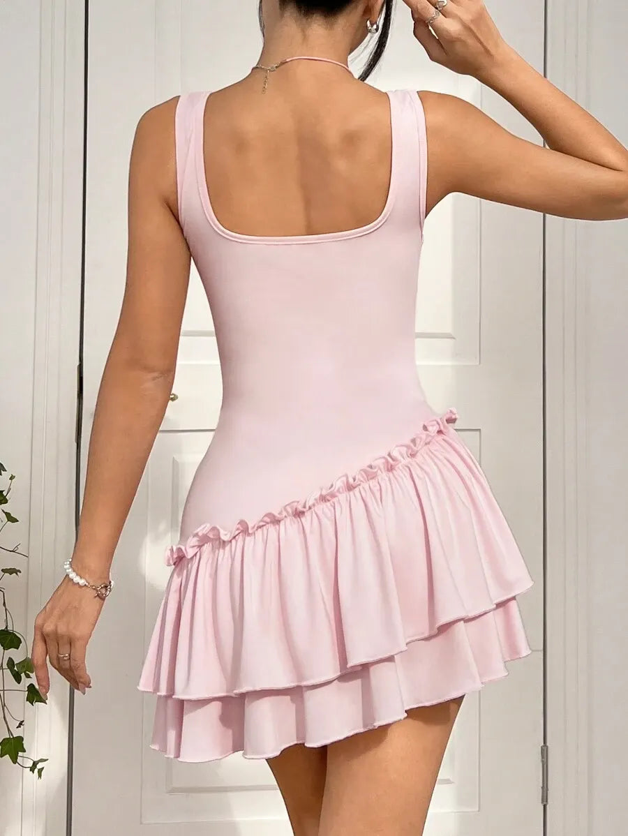 Solid Color Mini Dress Neutral Color Single Piece Sleeveless Frill Trim Design For General Occasions