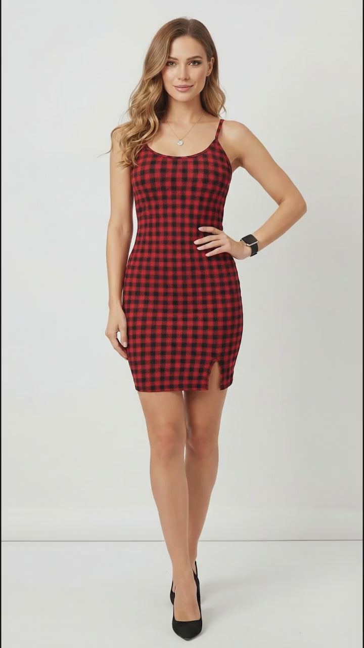 Plaid Pattern Mini Dress Neutral Color Single Piece Sleeveless Cami Design For Casual Wear