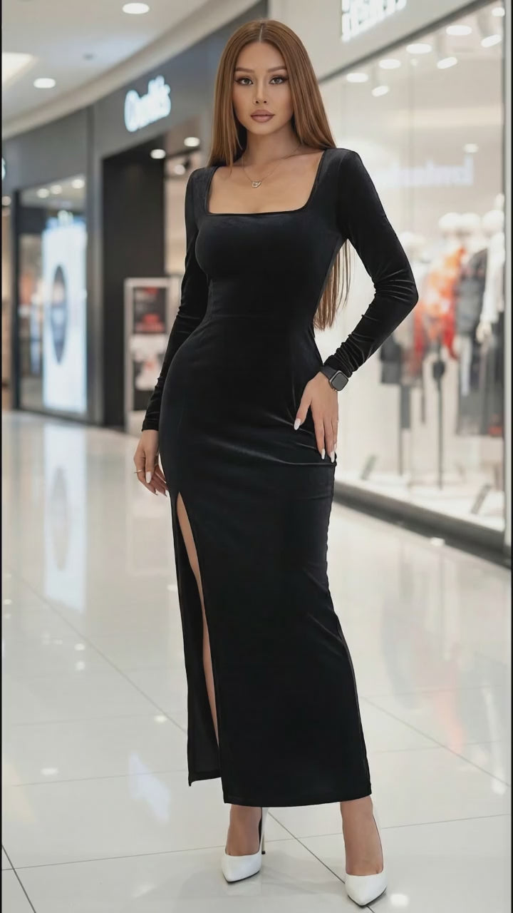 Velvet Fabric Dress Black Color Single Piece Square Neck Design For Casual Wear
